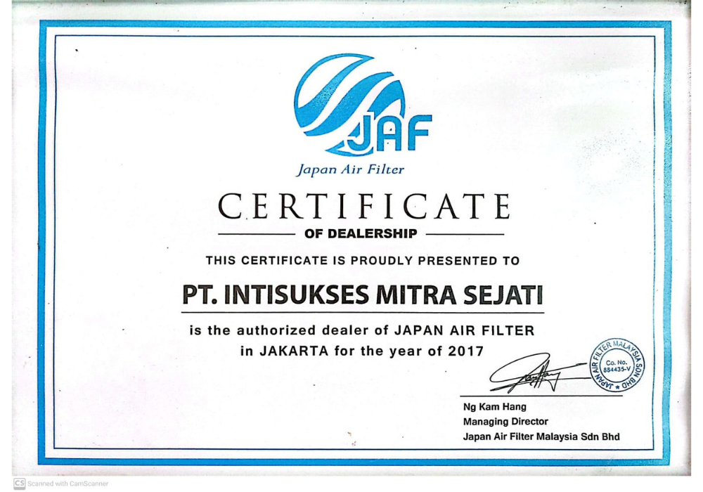 Certificate of Dealership JAF 