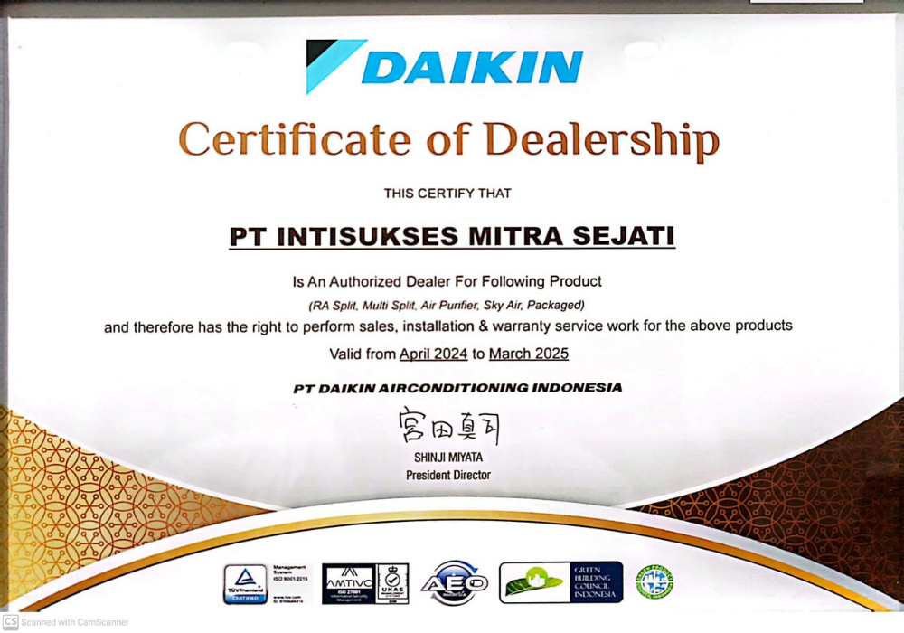 Certificate of Dealership Daikin